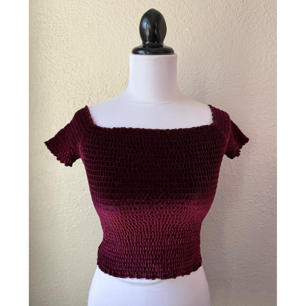 Light Before Dark Urban Outfitters Burgundy Smocked Velvet Crop Top Womens Med